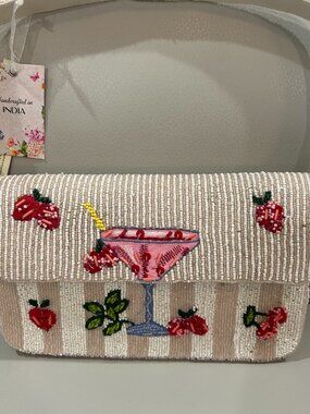 Handcrafted in India Beaded Strawberry Margarita Drink Cocktail Striped Bag NWT